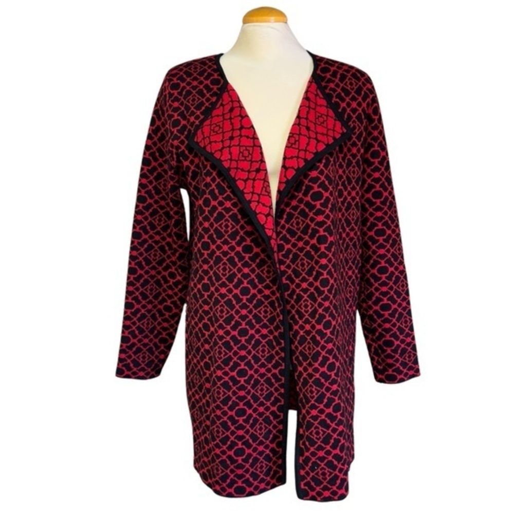 Women's Large Andrea Jovine Red and Black Open Front Cardigan
